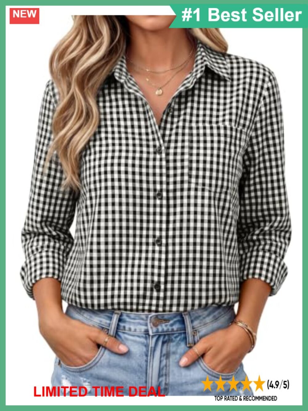 Plaid Button Down Shirt Cotton Gingham Collared Long Sleeve Work Blouse